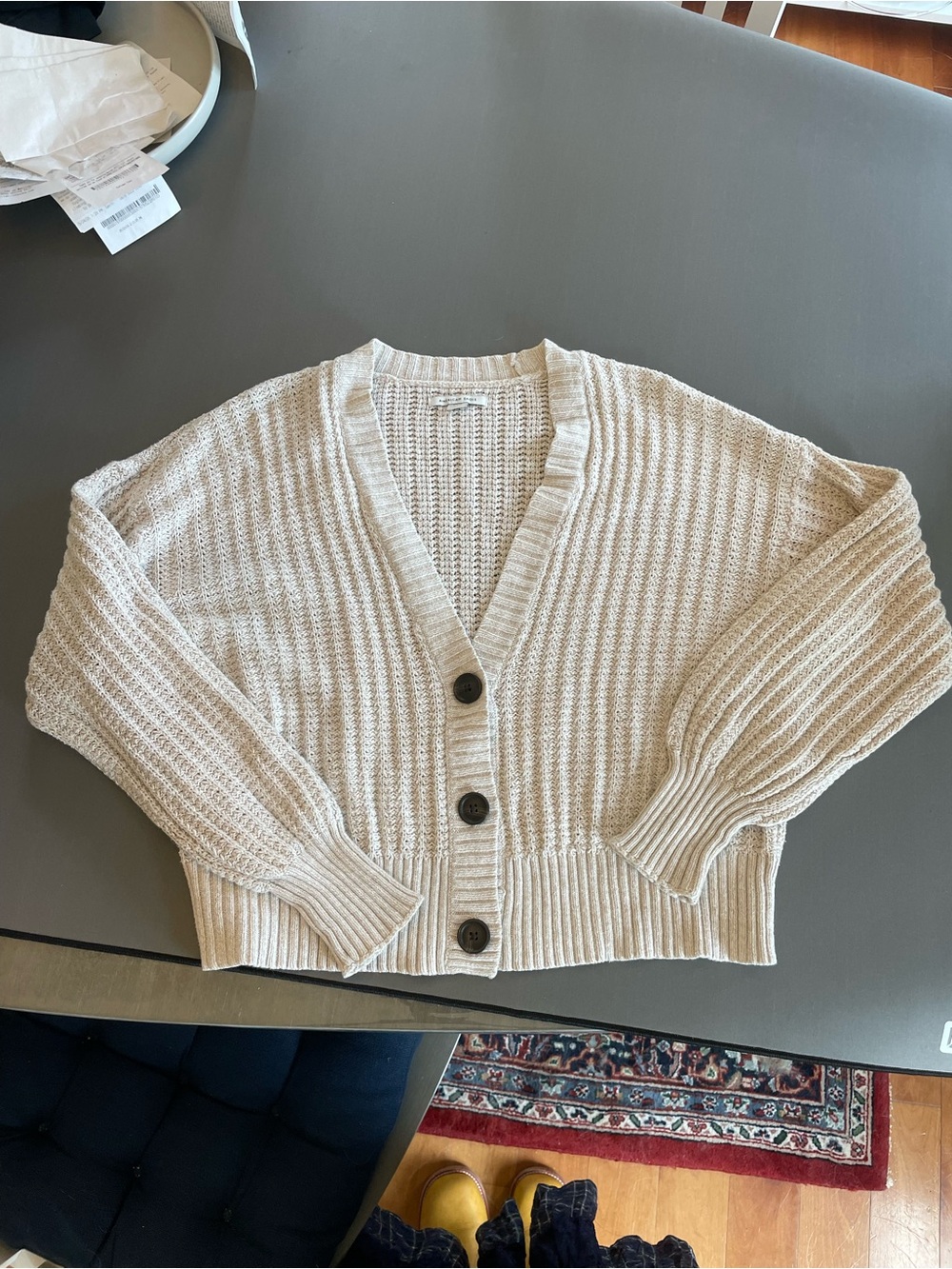 American Eagle Outfitters Cream Button-Front Ribbed Cardigan